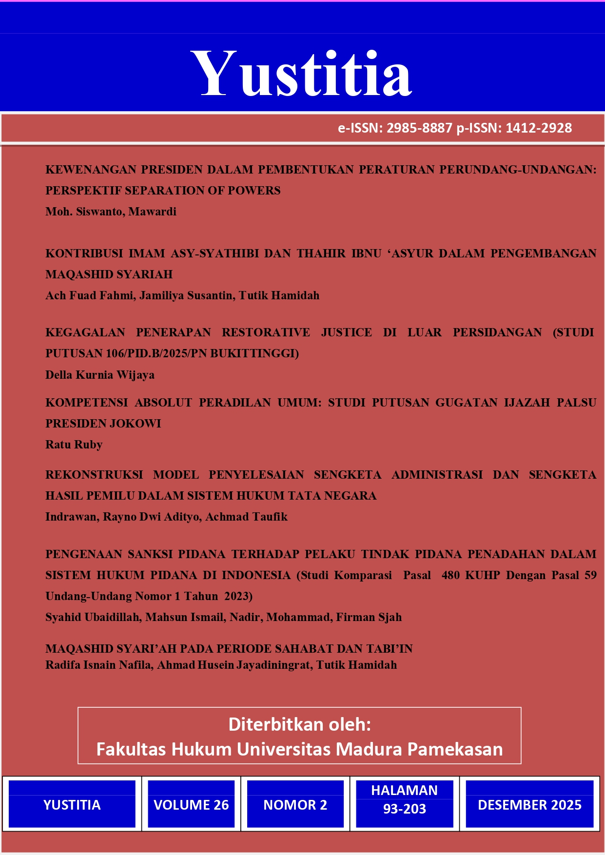 					View Vol. 26 No. 2 (2025): YUSTITIA
				